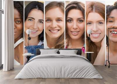 Positive smiling multiethnic ladies portrait set. Happy young women of different races multiple shot collage. Positive human emotions concept Wall mural