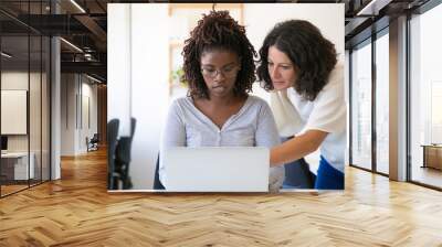 Senior colleague helping newcomer with corporate software. Business women sitting and standing at table in office, using laptop, pointing at screen and talking. Corporate help concept Wall mural