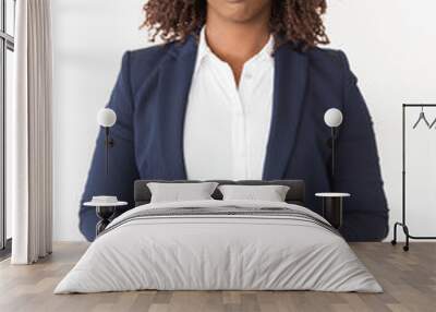 Serious consultant holding glasses. Young African American business woman standing isolated over white background, looking at camera. Female portrait concept Wall mural