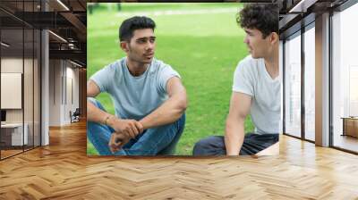 Serious Indian guy sharing problem with friend in summer park. Handsome young men sitting on grass and talking. Chatting concept Wall mural