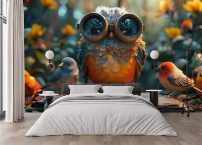 A wise old owl sits on a book in the middle of a forest, surrounded by colorful birds Wall mural