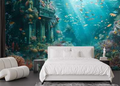 An underwater kingdom where coral reefs are made of colorful banknotes and fish shimmer with gold, guarded by a mermaid queen Wall mural