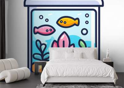 Colorful illustration of an aquarium with two fish swimming among plants and coral, perfect for aquatic or marine-themed designs. Wall mural