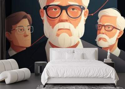 Illustration of focused businessmen with white hair and beards, wearing suits and glasses, analyzing data. Professional and serious atmosphere. Wall mural