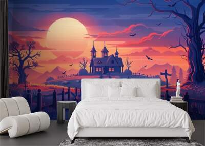 Virtual haunted house powered by AI, Halloween night, flat design illustration Wall mural