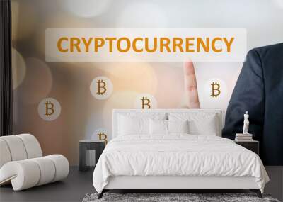 Cryptocurrency and Bitcoin concept, Businessman hand touch cryptocurrency and bitcoin icon over blur background, banner Wall mural