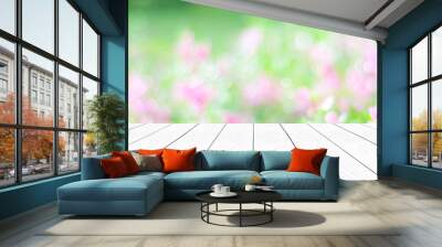 Perspective white wood over blur garden and flowers background Wall mural