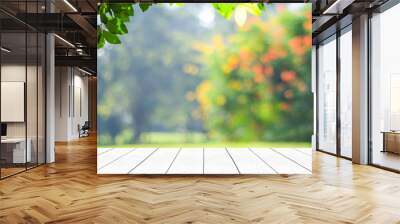 Perspective wood over blur trees with bokeh background Wall mural