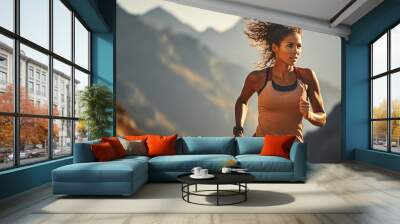 Beautiful woman running trail outdoor workout on view of mountain. living healthy lifestyle and enjoying outdoor activity. Wall mural