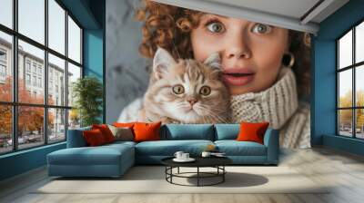 Beautiful young woman with cute cat Wall mural