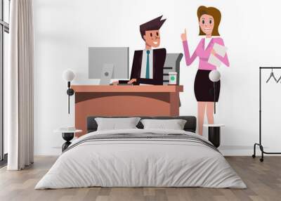 Business woman working in team with a business man in an office. flat character design. vector illustration Wall mural