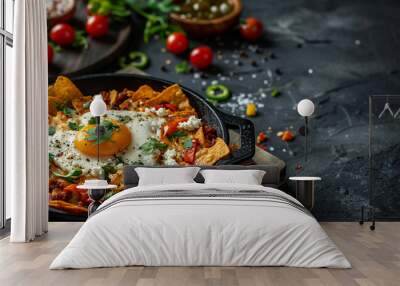 Chilaquiles, Mexican nachos with tomato salsa, chicken and egg close-up on a plate. flat lay with copy space Wall mural