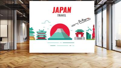 Japan travel concept. Airplane flying and japan landscape in the background. flat design elements. vector illustration Wall mural