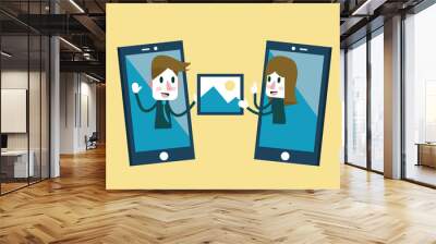 Man and woman sending and share picture on smartphone. flat vector Wall mural