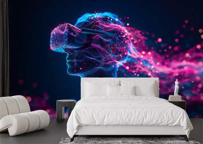 Man wearing VR glass with digital blue and pink abstract wave and dot dark background Wall mural