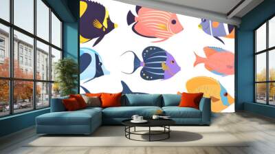 A collection of colorful cartoon fish in various shapes isolated on transparent background Wall mural