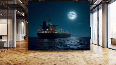 Illuminated cargo ship under full moon on dark sea at nigh Wall mural