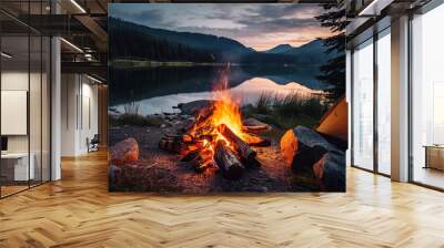 A campfire beneath the serene charm of a lake valley's backdrop. Wall mural