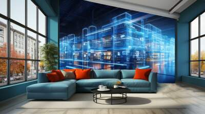 Futuristic Technology Retail Warehouse: Digitalization and Visualization of Industry 4.0 Process that Analyzes Goods. Wall mural