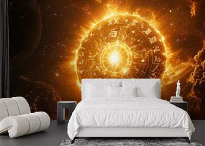 Golden astrological signs encircling a radiant sun in a dark cosmos to illustrate horoscope divination Wall mural