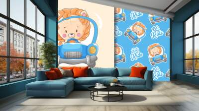 hand drawn a cute baby lion with blue car and pattern set Wall mural