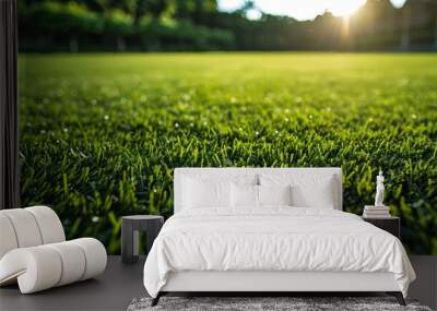 Lush perfectly manicured green turf of a sports field in the morning light Wall mural