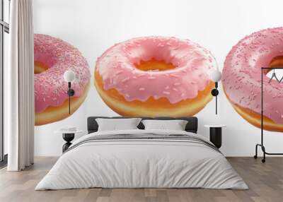 Pink frosted donuts isolated on transparent background, donut set with sprinkles for dessert Wall mural