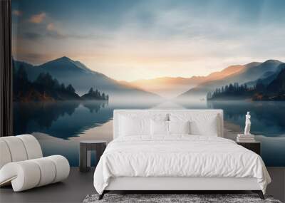 Serene Sunrise Over a Misty Mountain Lake with Reflective Waters. Wall mural