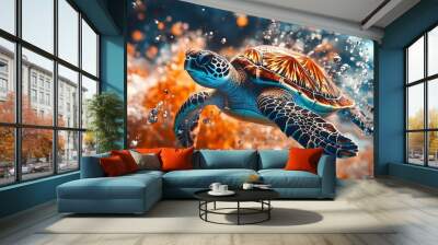 Underwater Sea Turtle Swimming Amidst Colorful Coral Reef and Bubbles Wall mural