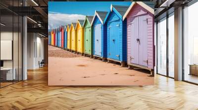 Vibrant beach huts form a picturesque row, their backdrop adorned by a clear blue sky. Wall mural