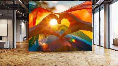  LGBTQ rainbow colors flag, a symbol for the homosexual community, two hands making a heart shape shining by sunlight. Gay flag for pride month and the celebration day of sexual and love diversity Wall mural