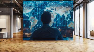 Businessman looks at a computer image of a globe map and interconnected networks on a screen against a dark blue background wall Wall mural