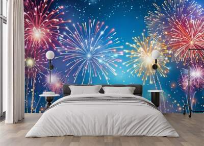 cartoon Background illustration of fireworks shining in the night sky image Wall mural