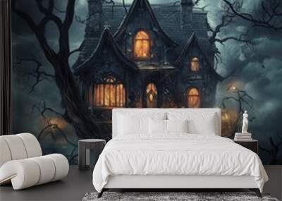 Halloween background , mystery house, creepy bats and dead skull in horror night, lanterns, spooky design, Dark scary trees Wall mural