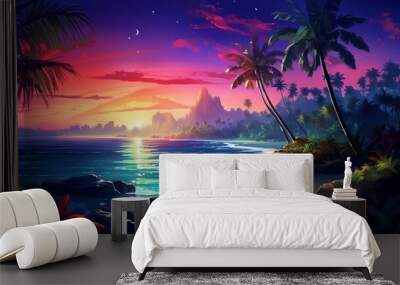 Beautiful colorful island night beach painting photography picture Ai generated art Wall mural