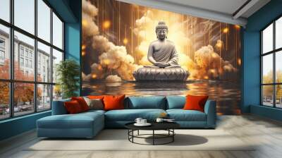 Lord buddha sitting water in flowers photography image Ai generated art Wall mural