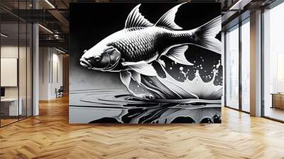 Beautiful goldfish swimming in the aquarium. Black and white illustration. Wall mural