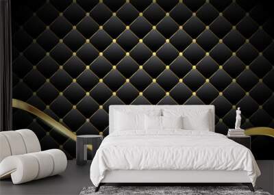 Vector Abstract black diamond shape upholstery luxury background with buttons & golden border with golden ribbon Wall mural