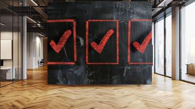 A black chalkboard with three red checkmarks inside boxes, symbolizing completed tasks or a checklist. Wall mural