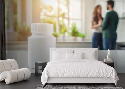 A close-up of a white pill bottle on a table, with two pills nearby. In the background, a couple shares an intimate moment. Wall mural