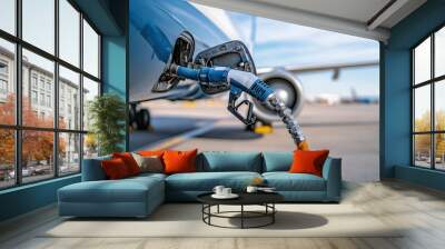 A close-up of an airplane refueling with a fuel nozzle, showcasing aviation fuel service at an airport. Wall mural