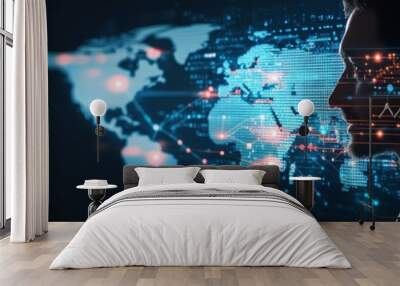 A silhouette of a business professional against a digital world map, illustrating global connections and technology innovation. Wall mural