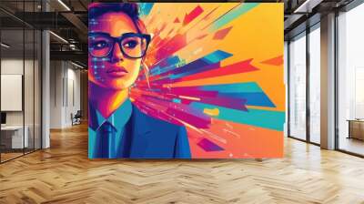 A vibrant, artistic portrait of a confident individual in glasses against a colorful abstract background, showcasing creativity and vision. Wall mural