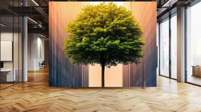 A vibrant tree stands tall between two modern buildings, symbolizing nature's resilience in an urban environment. Wall mural