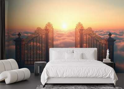 An ethereal sunrise behind ornate gates, set above a sea of clouds, symbolizing hope, new beginnings, and limitless possibilities. Wall mural