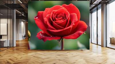 Beautiful red rose with delicate petals and droplets, symbolizing love and elegance in a natural garden setting. Wall mural