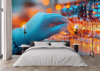 Close-up of a gloved hand manipulating electronic components in a vibrant, illuminated setting, showcasing modern technology and precision. Wall mural