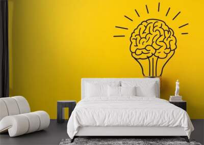 Creative concept of a light bulb with a brain, symbolizing ideas and innovation on a bright yellow background. Wall mural