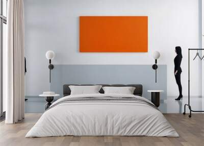 Modern reception area featuring two business professionals facing each other with a striking orange artwork on the wall. Wall mural