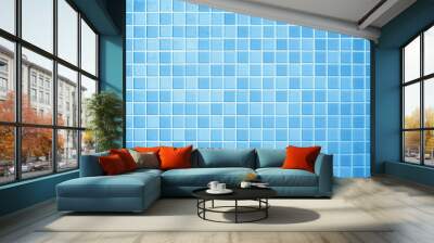 Blue light ceramic wall chequered and floor tiles mosaic background. Design pattern geometric. Wall mural